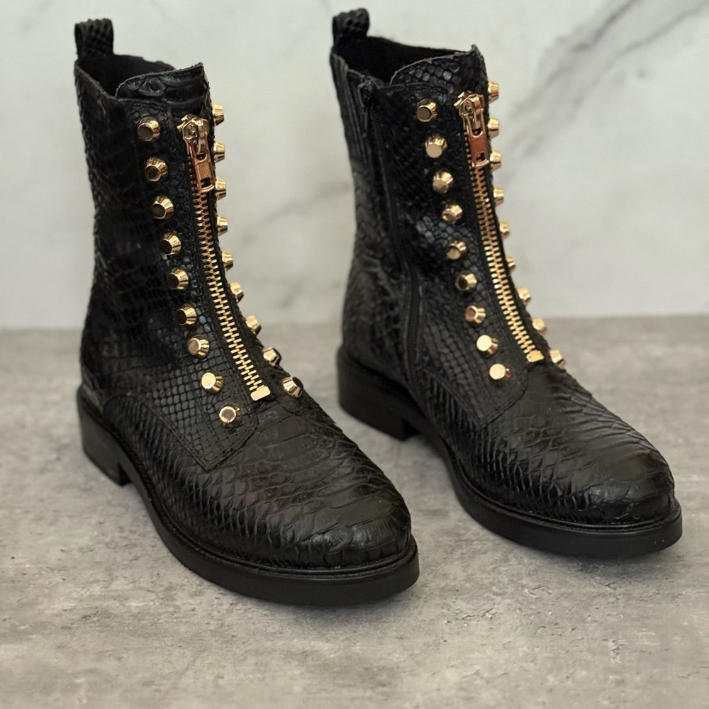 Jeffrey Campbell Black Textured Boots with Gold Studs